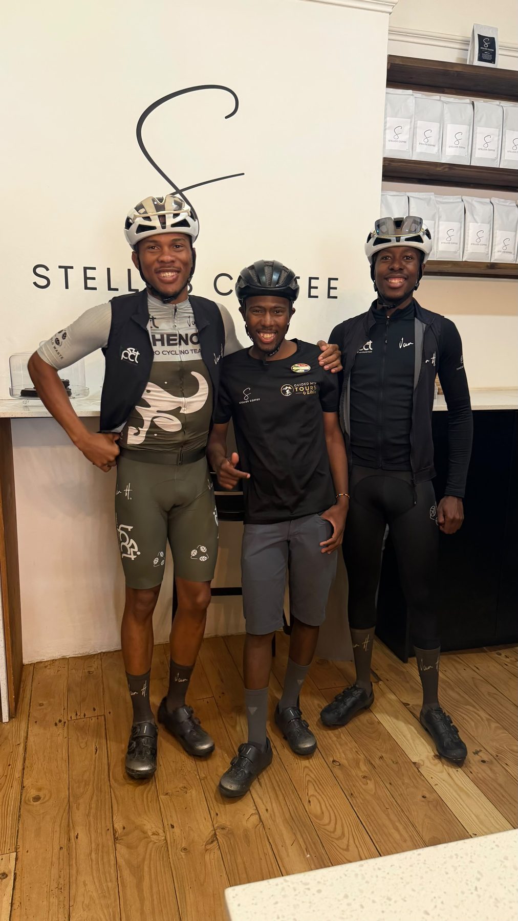Guided MTB Tours by Lihle riders at Stellos Coffee in Stellenbosch after a morning ride